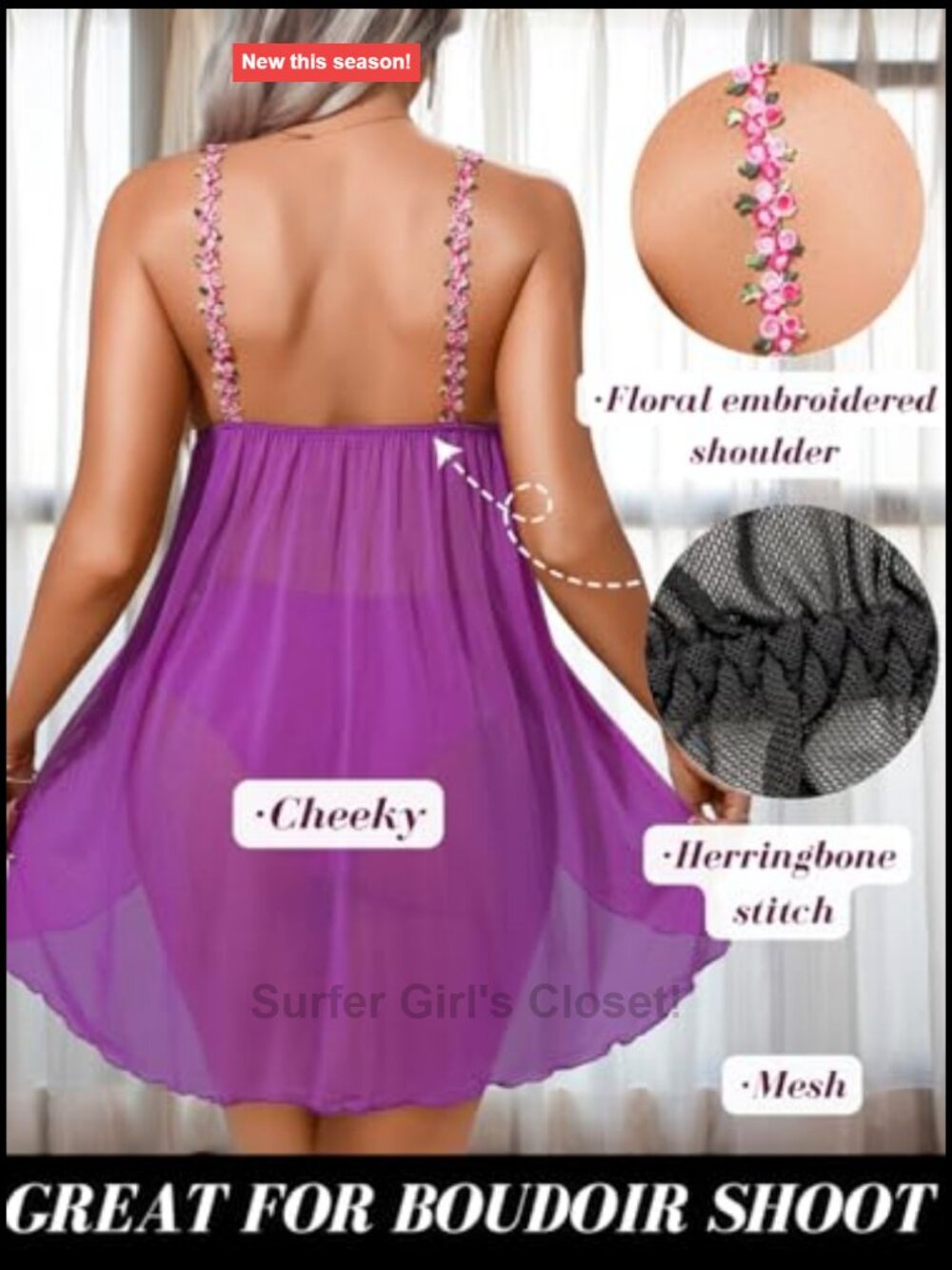 Sheer Babydoll Nightgown with Floral Lace Trim, Front Closure Chemise - Picture 3 of 6